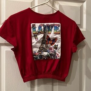 Girls' Red Short Sleeve Tee with 'LOVE' Eiffel Tower Graphic